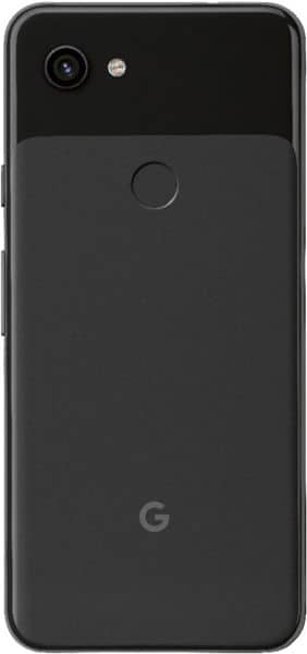 Google Pixel 3a rear view, black, showing single camera, fingerprint sensor, and Google logo