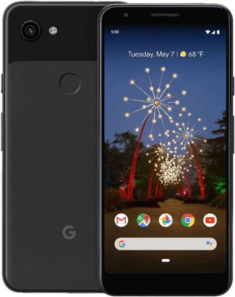 Google Pixel 3a front and rear view, black, displaying home screen with fireworks wallpaper and search bar