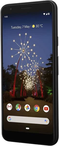 Google Pixel 3a front view displaying home screen with fireworks wallpaper, weather widget, and app icons at bottom