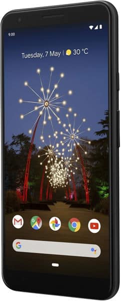 Google Pixel 3a XL front view displaying home screen with fireworks wallpaper, weather info, and app icons