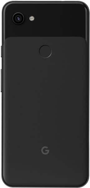 Google Pixel 3a XL rear view, black phone showing camera, fingerprint sensor, and Google logo