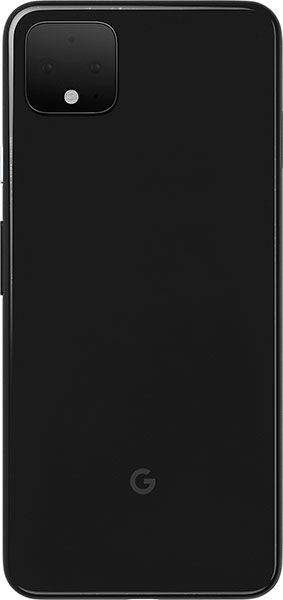 Google Pixel 4 rear view, black, showing square camera module with dual lenses in upper left corner and Google logo centered at bottom