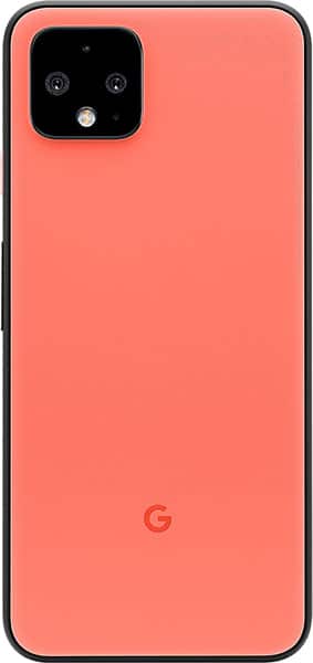Google Pixel 4 rear view, coral color, showing dual rear cameras and Google logo