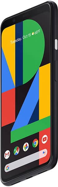 Google Pixel 4, front view, displaying colorful abstract wallpaper with geometric shapes in green, yellow, blue, and red