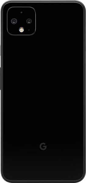 Google Pixel 4 XL rear view, black, showing dual camera setup and Google logo