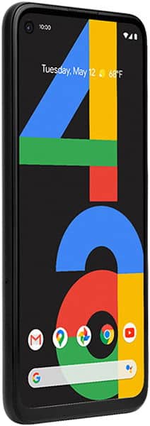 Google Pixel 4a front view, displaying home screen with colorful geometric shapes and app icons