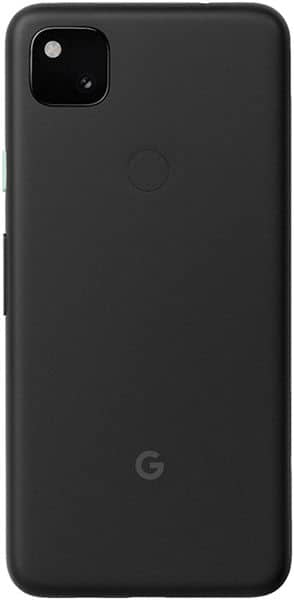 Google Pixel 4a rear view showing black matte finish, single camera module, and Google G logo