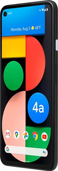 Google Pixel 4a 5G front view showing colorful display with widgets, time, and app icons including Google apps