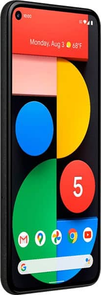 Google Pixel 5 front view, displaying colorful geometric shapes and app icons on screen with date and temperature visible at top