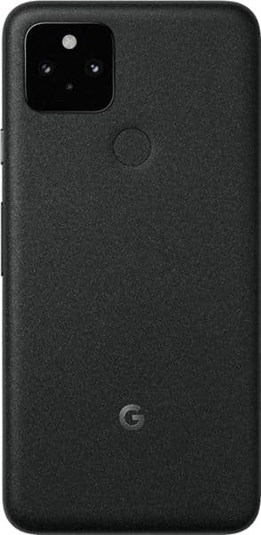 Google Pixel 5 rear view, charcoal black, showing square camera module and Google logo