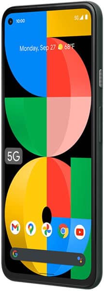 Front view of Google Pixel 5a showing colorful home screen with date, weather, app icons, and 5G signal indicator.