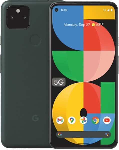 Google Pixel 5a shown front and back; display shows date, time, 5G icon; matte black rear with camera visible.