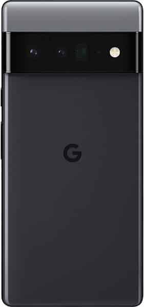 Rear view of black Google Pixel 6 Pro with horizontal triple camera bar, flash, and centered "G" logo below the camera module.