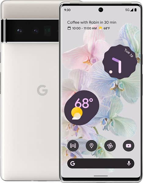White Google Pixel 6 Pro shown front and back; front view displays time, date, weather, notification, and orchid wallpaper.