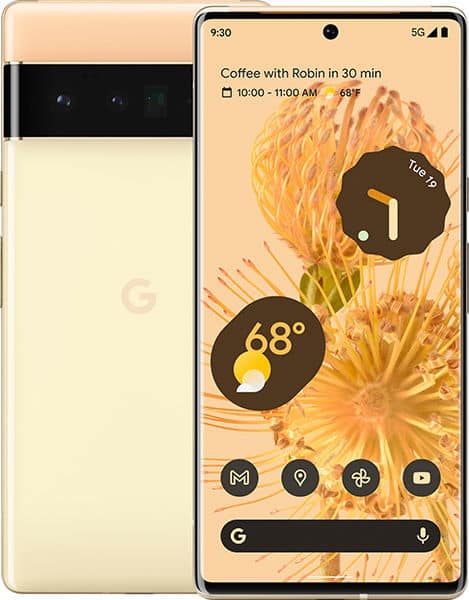 Google Pixel 6 Pro in pale yellow shown front and back, displaying home screen and distinctive rear camera bar.