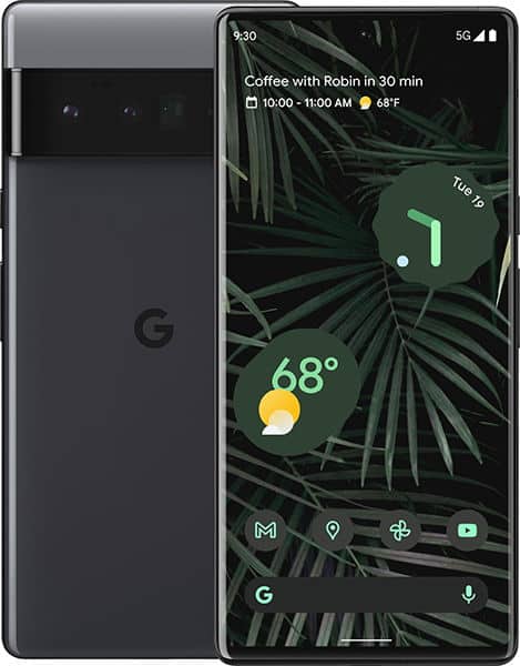 Front view of black Google Pixel 6 Pro showing home screen with time, date, weather, calendar event, and app icons.
