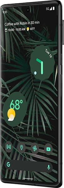 Front view of Google Pixel 6 Pro showing dark leafy wallpaper with time, date, weather (68°F), and calendar widgets.