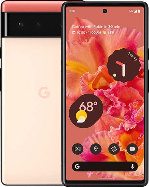 Google Pixel 6 front and rear view, peach color, showing colorful floral wallpaper with weather and calendar widgets on screen