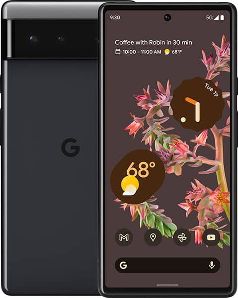Google Pixel 6 front and rear view, black, with screen showing calendar event and weather widgets displaying 68° and 71°