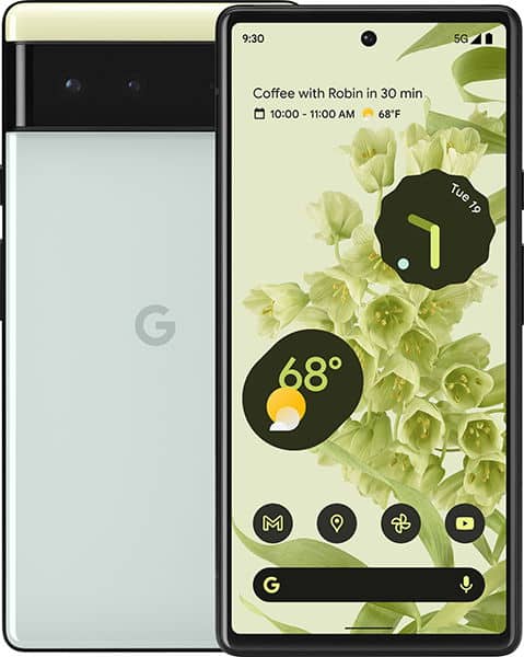 Google Pixel 6 front and rear view, displaying home screen with weather widgets and calendar event