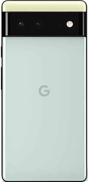 Google Pixel 6 rear view, light green back with Google logo, black camera module at top with two lenses and flash