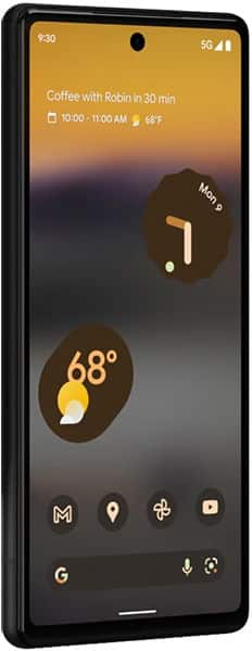 Google Pixel 6a front view, screen showing calendar event, weather, and time widgets on home screen