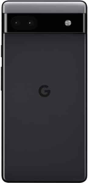 Google Pixel 6a rear view, showing black body with camera module at top and Google logo at center