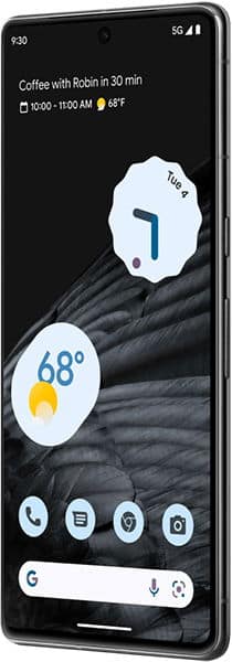 Google Pixel 7 Pro, front view, displaying home screen with calendar event, weather widget, and app icons