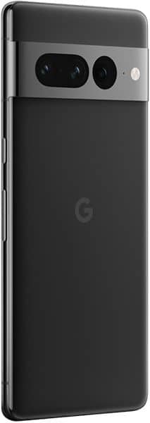 Google Pixel 7 Pro rear view, showing dual camera module and G logo on black body