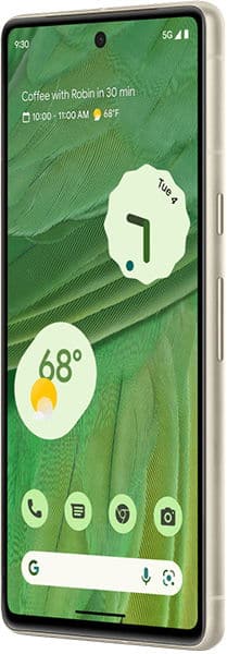 Front view of beige Google Pixel 7 with rounded edges, green leaf wallpaper, and info widgets visible on the home screen.