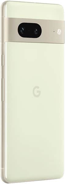 Rear view of a light green Google Pixel 7, showing dual-lens horizontal camera bar and central "G" logo.