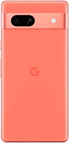 Google Pixel 7a rear view, coral color, showing dual camera module and Google logo