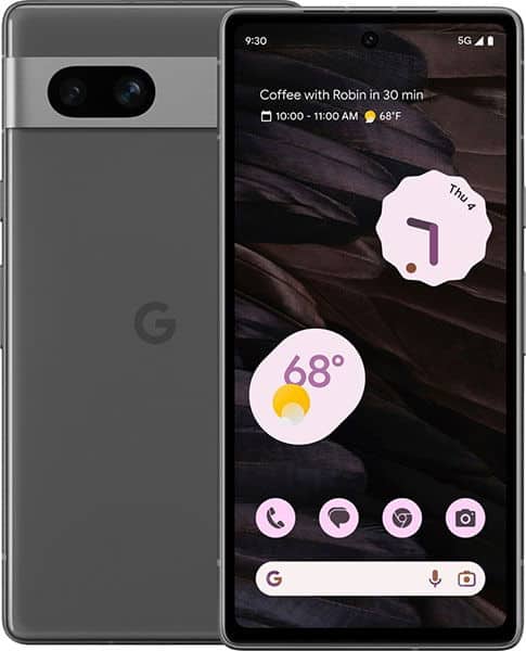 Google Pixel 7a front and rear view, charcoal gray, displaying home screen with calendar event and weather widget