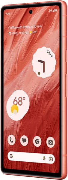 Google Pixel 7a in coral, front view, displaying home screen with weather widget and time
