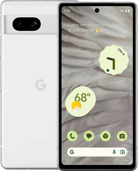 Google Pixel 7a front and back view in white, displaying home screen with calendar, weather, and app icons