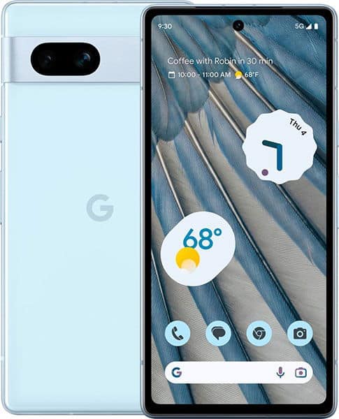 Google Pixel 7a front and rear view, light blue with dual rear cameras, displaying home screen with weather widget showing 68°F and calendar event