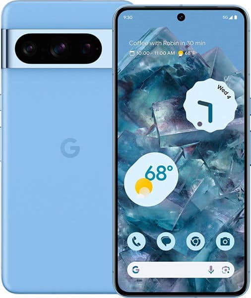 Blue Google Pixel 8 Pro shown front and back: home screen visible, rear camera bar and Google logo clearly displayed.