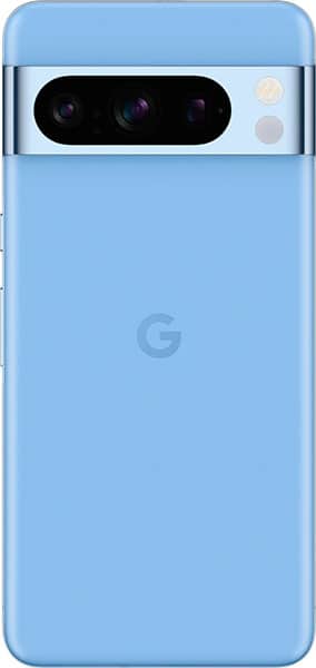 Rear view of a blue Google Pixel 8 Pro with horizontal black camera bar, dual lenses, flash, and centered “G” logo.