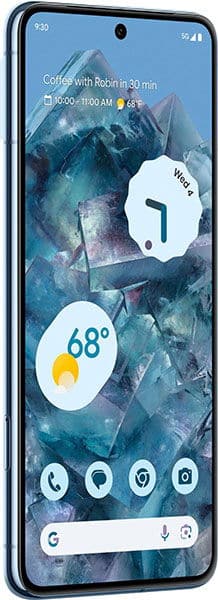 Front view of Google Pixel 8 Pro in blue, home screen visible with date, weather widget, app icons, and calendar alert.