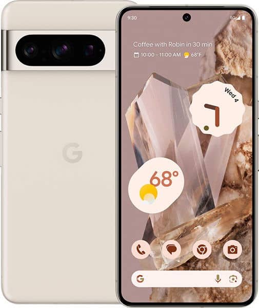 Beige Google Pixel 8 Pro shown front and rear; display shows weather, apps, calendar alert, and crystal-themed wallpaper.