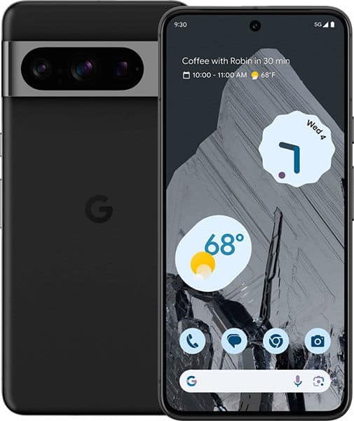 Google Pixel 8 Pro shown front and rear; front displays home screen, rear shows Google logo and horizontal camera bar.