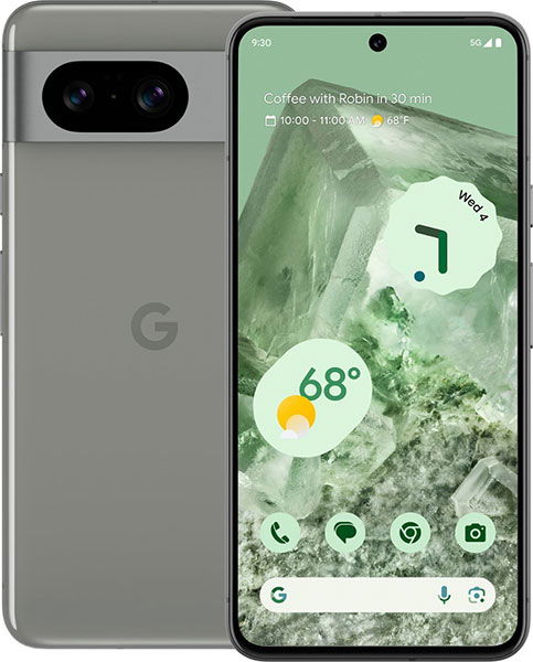 Gray Google Pixel 8 shown front and back; front displays home screen widgets, rear highlights a horizontal black camera bar.