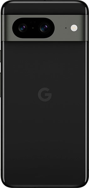 Rear view of black Google Pixel 8 shows horizontal camera bar with dual lenses, flash, and centered Google "G" logo.