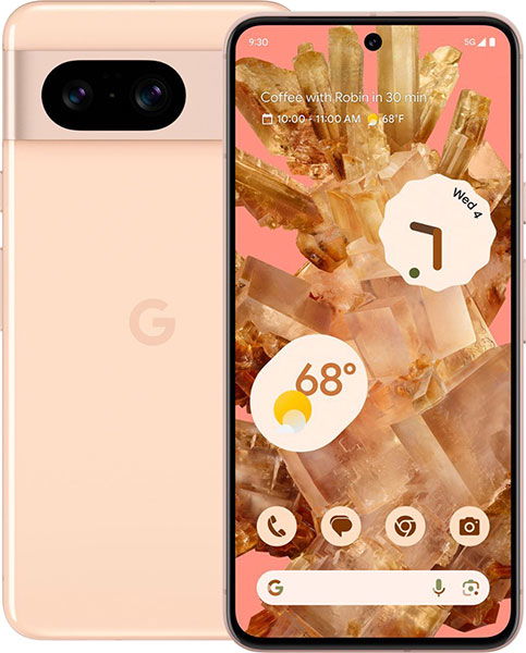 Google Pixel 8 in peach shown front and back; home screen visible, rear features camera bar and "G" logo.