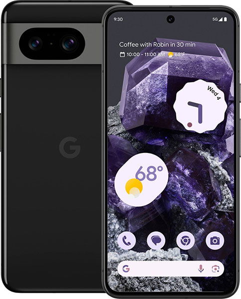 Black Google Pixel 8 shown front and rear; dual camera bar, Google logo on back, purple crystal-themed screen with date and apps.