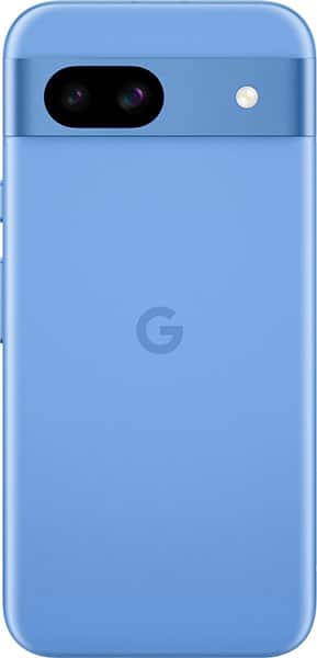 Rear view of blue Google Pixel 8a showing horizontal dual-lens camera bar, flash in top left, and centered "G" logo.