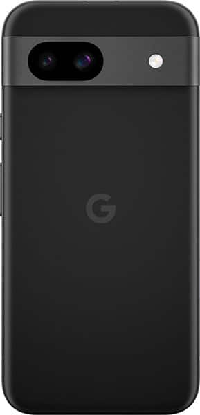 Rear view of matte black Google Pixel 8a, showing dual cameras with flash in a horizontal bar and centered "G" logo below.