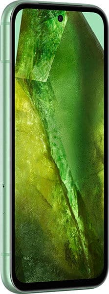 Green Google Pixel 8a, front view from slight left angle, green-yellow abstract wallpaper, rounded edges, centered front camera.