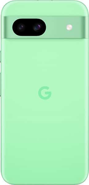 Rear view of mint green Google Pixel 8a showing horizontal dual camera bar, flash, and centered "G" logo below the camera.