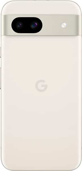 Rear view of beige Google Pixel 8a showing horizontal dual camera bar, flash, and centered "G" logo.
